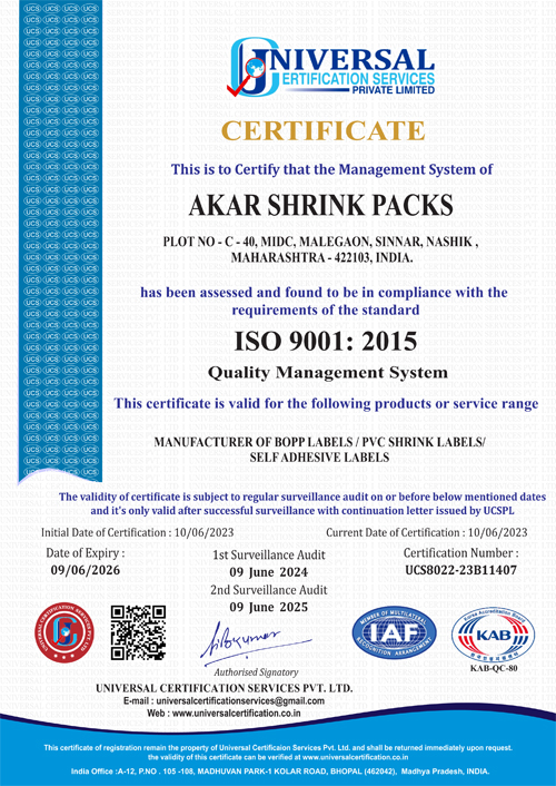 Certificate Akar Shrink Packs